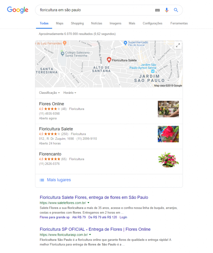 Exemplo da ferramenta Google Meu Negócio especificando a cidade