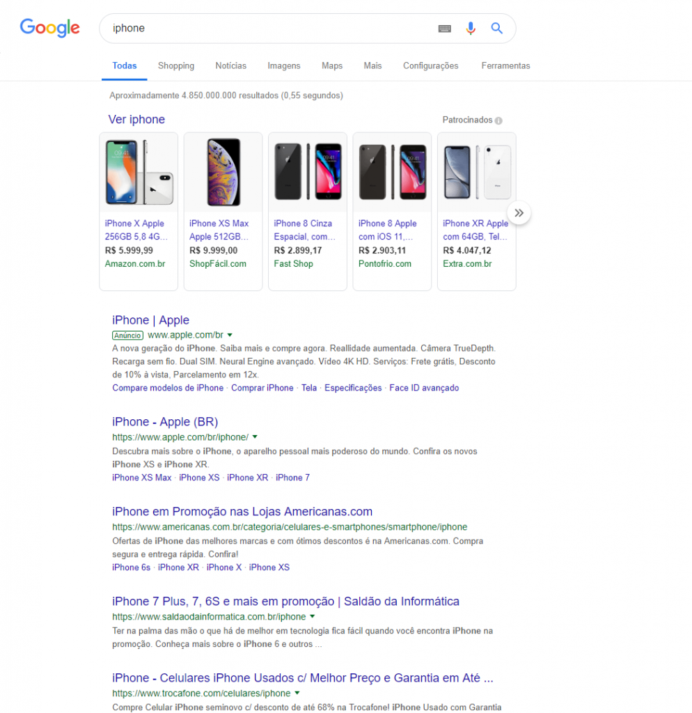 Exemplo de busca de produto no Google
