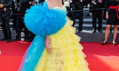 Elvira Gavrilova walks the red carpet in Cannes wearing a dress with Ukrainian symbols